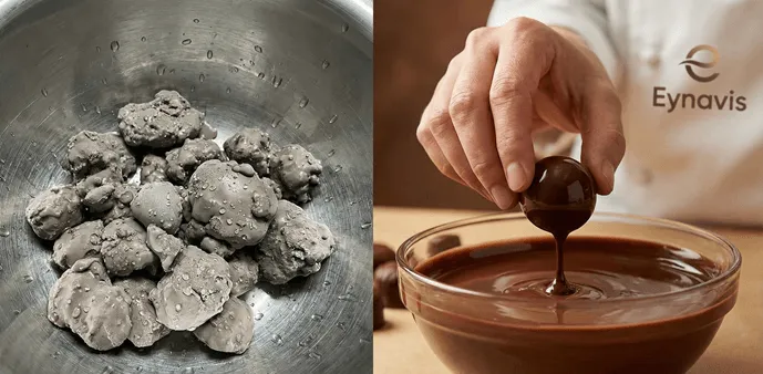 תמונה מפוצלת: משמאל שוקולד גושי ומלא במים שנכשל, ומימין יד של שוקולטייר טובלת פרלין מבריק ומושלם בקערת שוקולד עם לוגו עינביז ברקע.