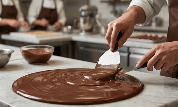 ידיים של שוקולטייר עובדות עם שפכטל מתכת ומרית לטמפרור שוקולד מומס על משטח שיש בסטודיו מקצועי, עם משתתפים נוספים ברקע המטושטש.