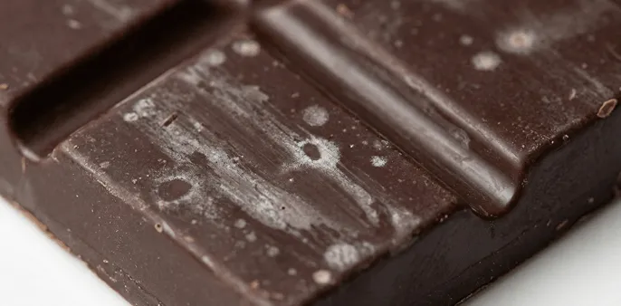 צילום תקריב של טבלת שוקולד מריר עם כתמים ופסים לבנים-אפורים על פני השטח, המעידים על חוסר טמפרור (פריחת שומן).